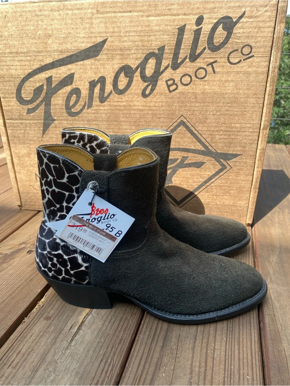 Fenoglio Boot Co Black Suede Western Ankle Boots Giraffe Hair-On Leather 9.5 NWT